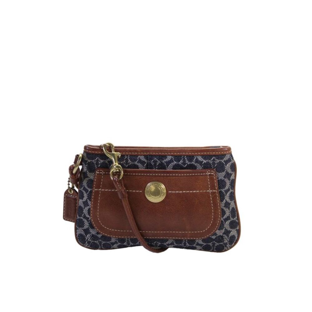 Coach Womens Leather Trim Monogram Wristlet Wallet Navy